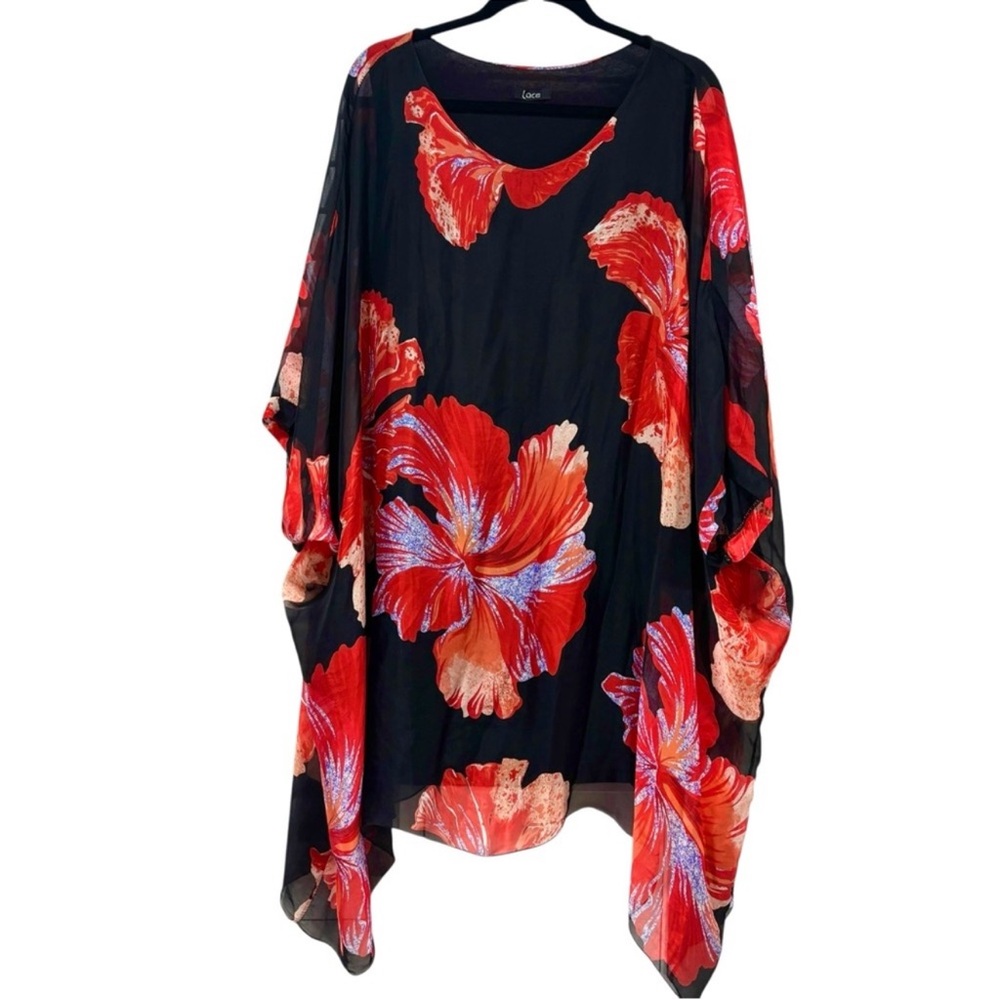 Lace The Label Silk Floral Sheer Kaftan Poncho Tunic Kimono Top Black Red L